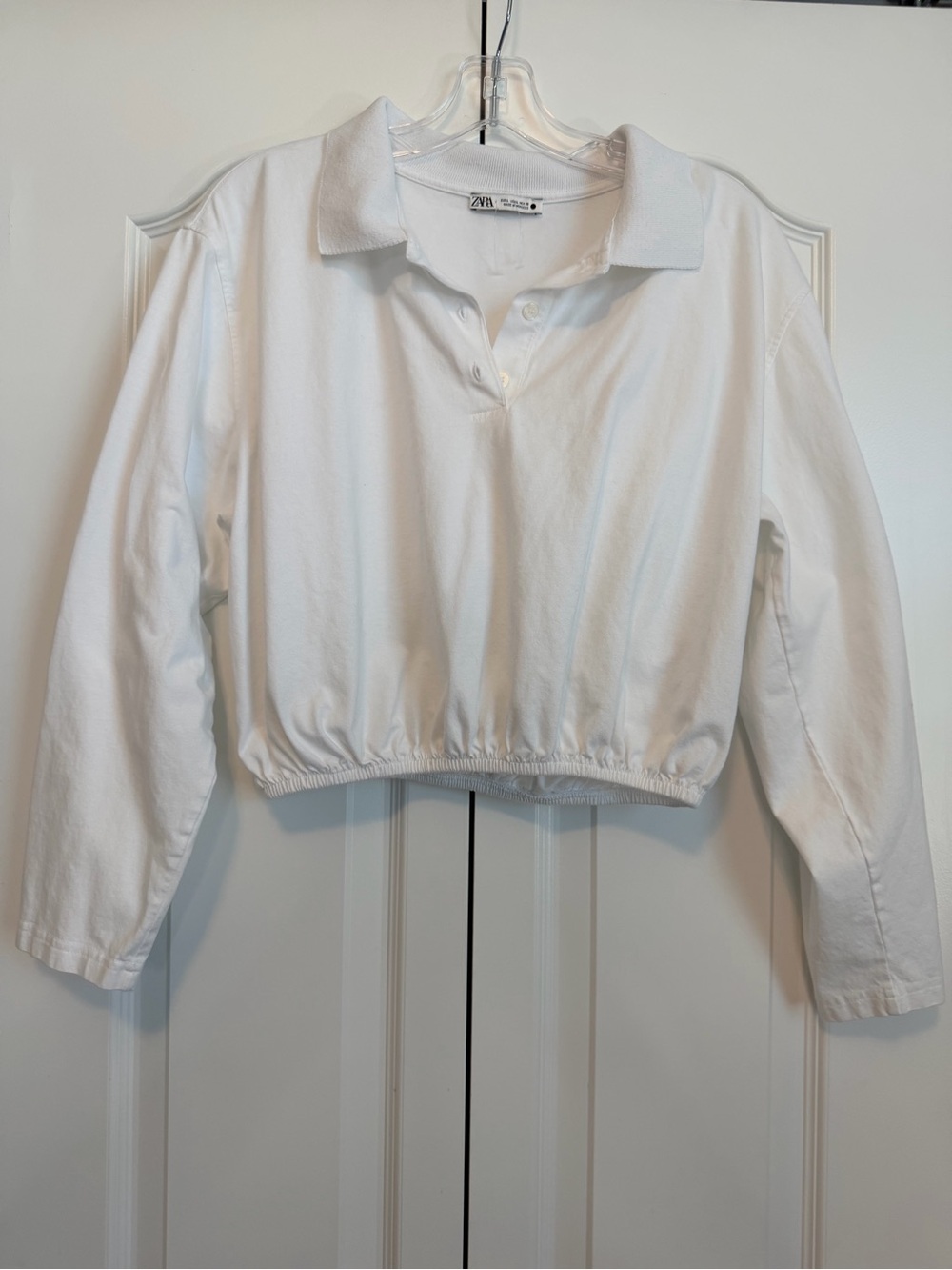 Zara White Cropped Polo Long Sleeve Sweatshirt
